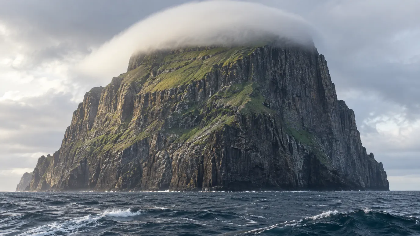 AI-created illustration: a steep ocean island beneath a low cloud