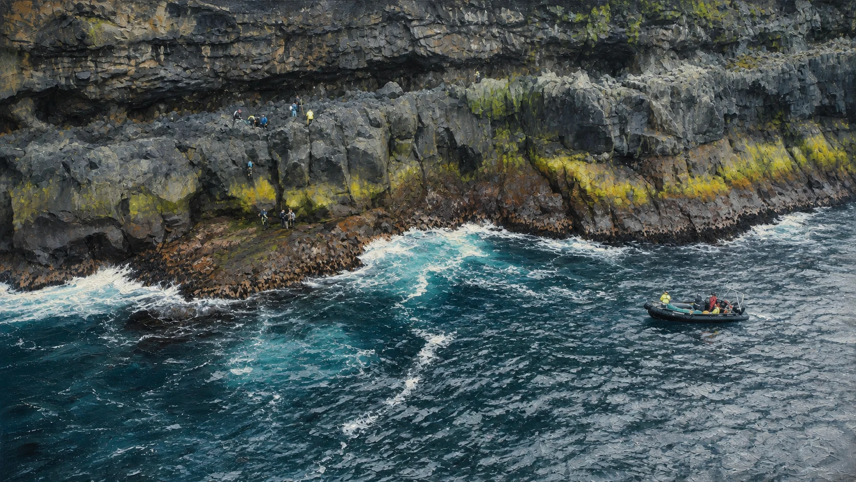 AI-created editorial illustration of the single steep ascent through the cliff band of Lítla Dímun, with sheep pasture above and open Atlantic below