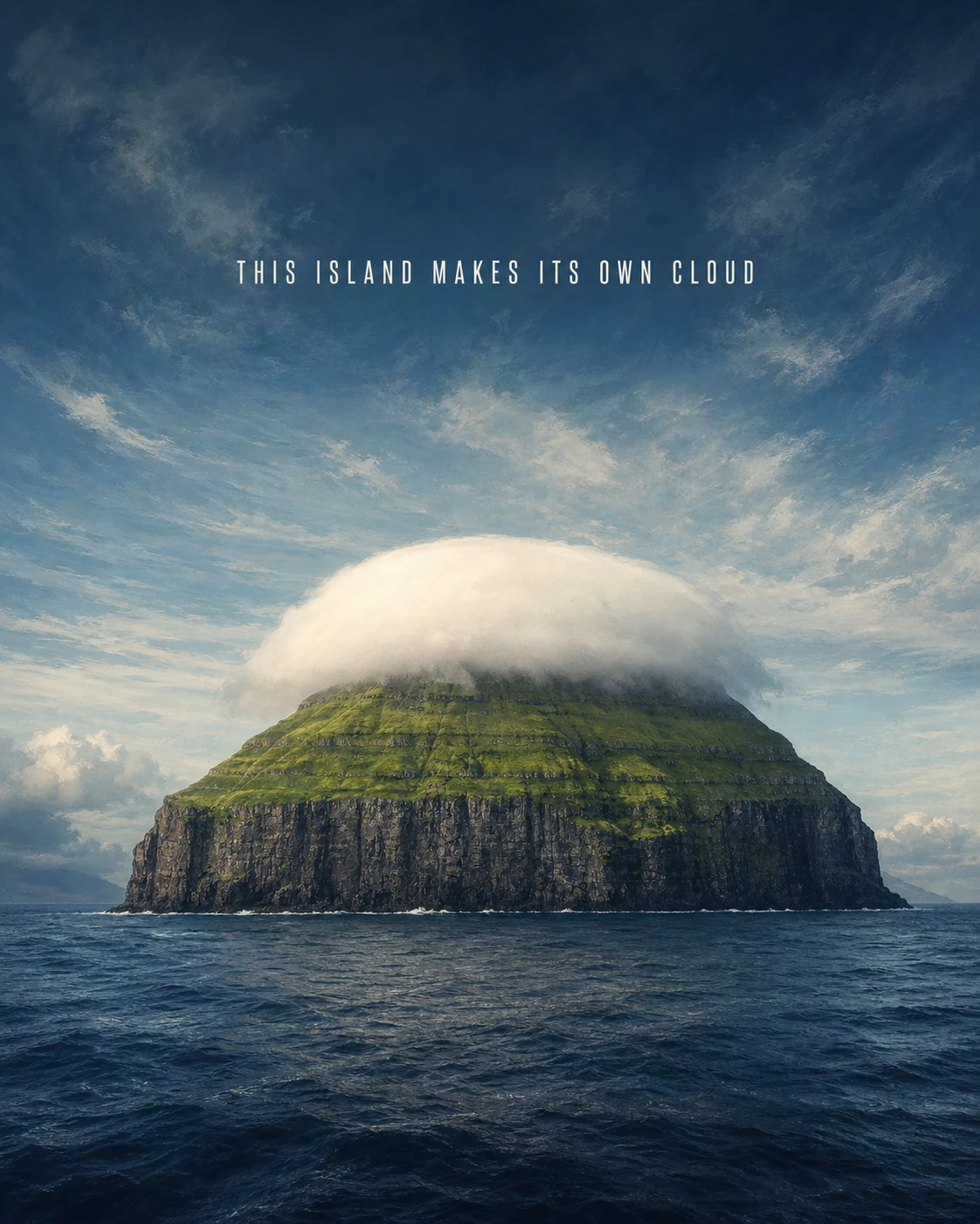 AI-created editorial illustration of the 413-metre basalt island of Lítla Dímun rising abruptly from the North Atlantic beneath a smooth cap cloud