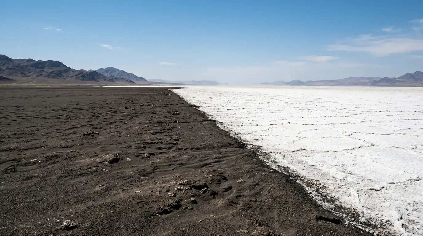 Interpretive AI-created illustration of a plain of near-black volcanic basalt sand meeting a bright white salt crust with heat shimmer above