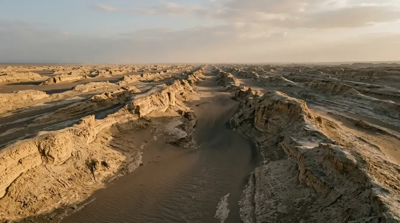 Interpretive AI-created illustration of long parallel wind-carved yardang ridges running to the horizon with corridors of sand between them