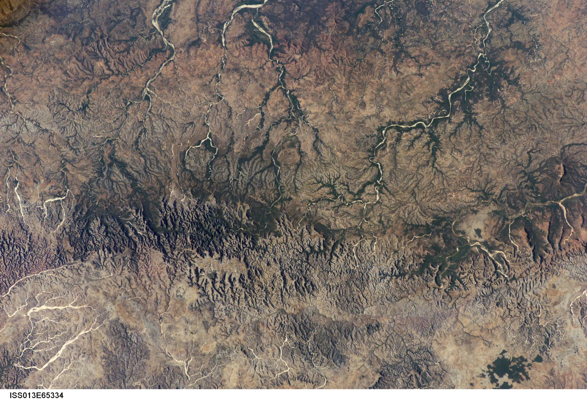 An orbital view of deeply eroded terrain in southwestern Madagascar