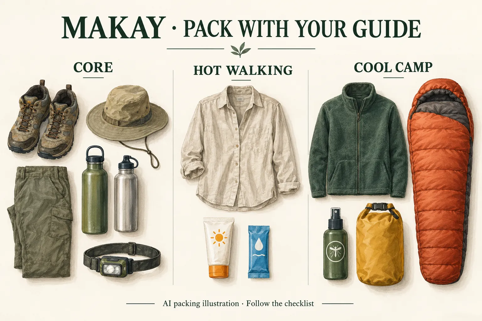 AI illustration: AI-generated packing illustration: suggested layers and equipment for the conditions. Follow the readable checklist and current local guidance.