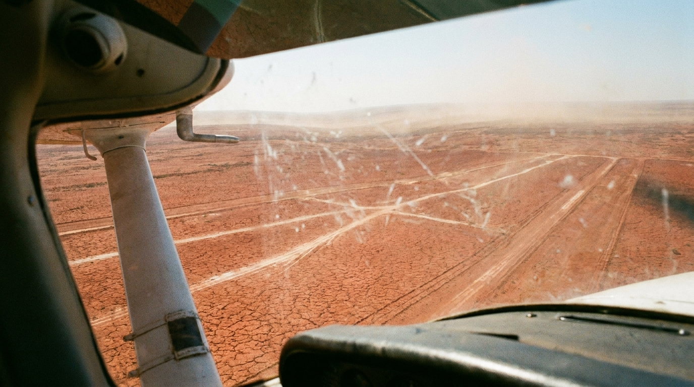 Interpretive AI-created illustration of a view from a small aircraft over empty red desert