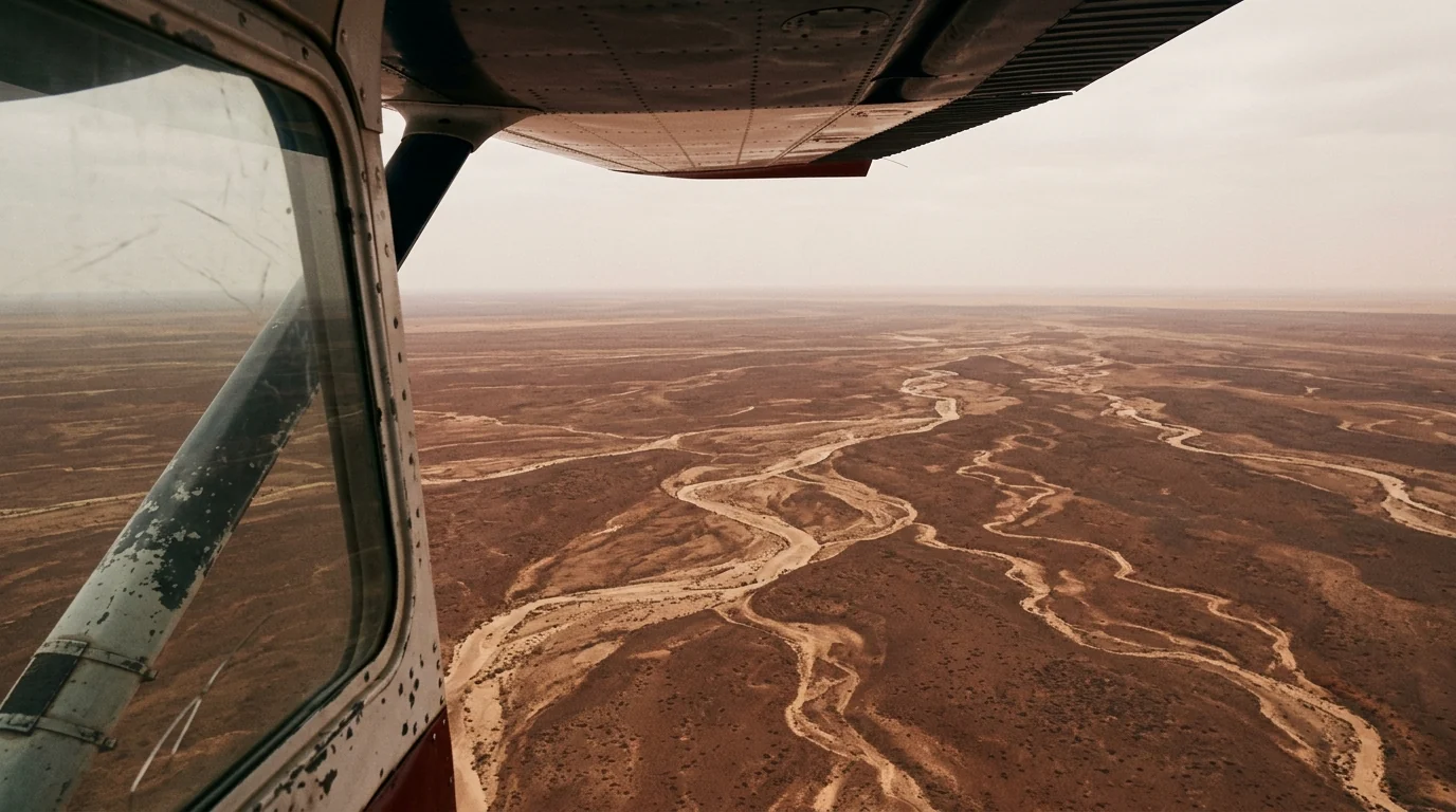 Interpretive AI-created illustration of a view from a small aircraft over empty red desert