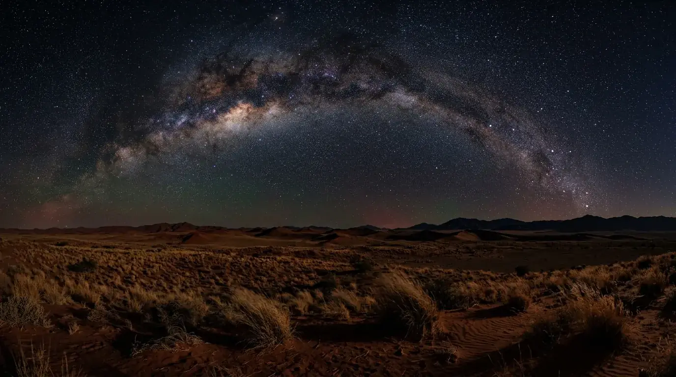 Interpretive AI-created illustration of the Milky Way over red desert grassland and low dune ridges with no artificial light on the horizon