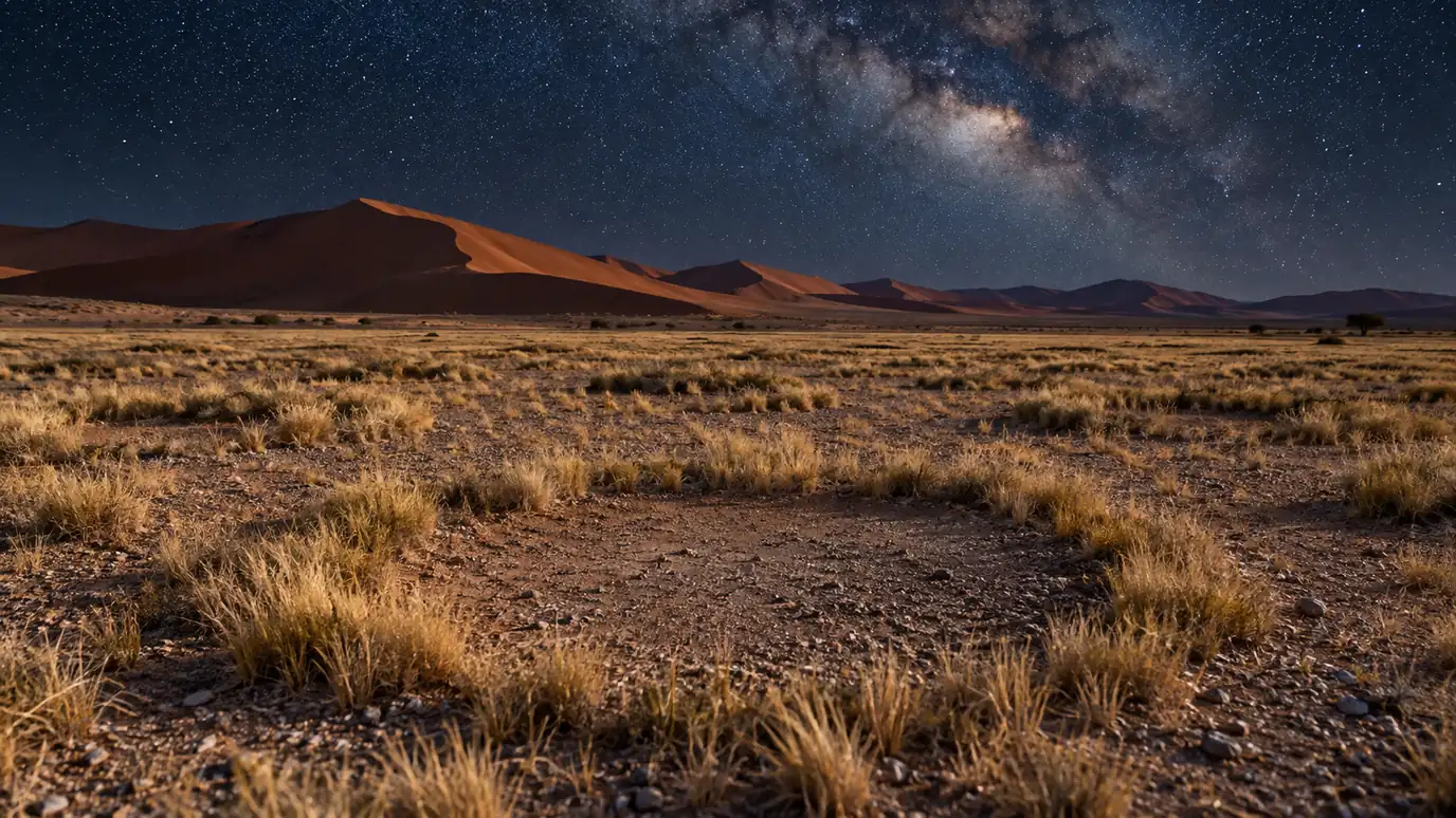 AI-created illustration: dunes and dry grass beneath a night sky