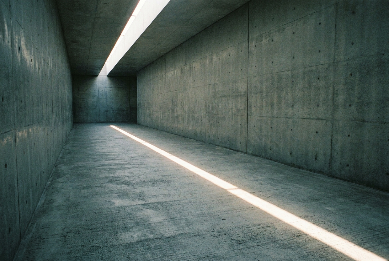 Interpretive AI-created illustration of an empty raw concrete museum corridor lit by a shaft of daylight