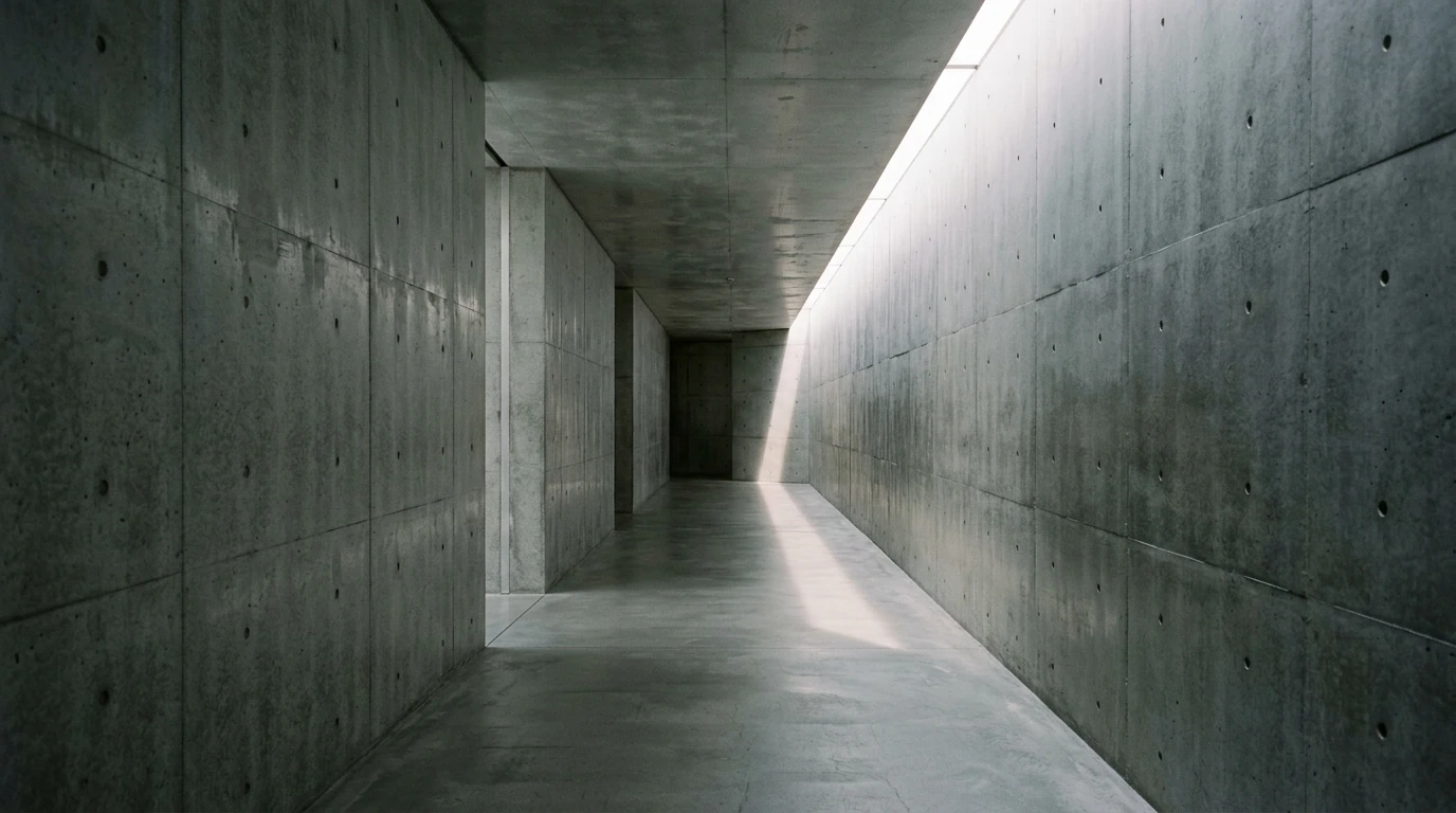 Interpretive AI-created illustration of an empty raw concrete museum corridor lit by a shaft of daylight
