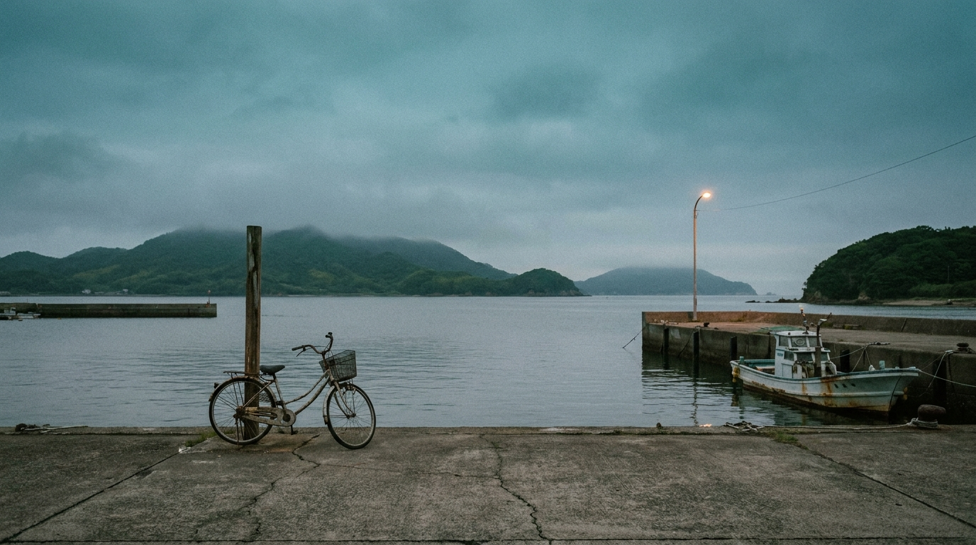 AI-created editorial illustration of a quiet island harbour at dusk on a calm inland sea