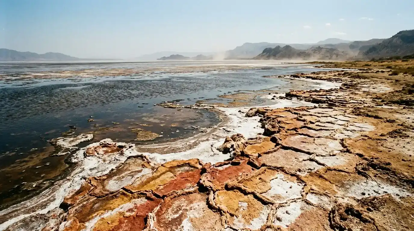 Interpretive AI-created illustration of thick crusted soda salt in rust red, orange and white polygonal patterns at a shallow lake edge
