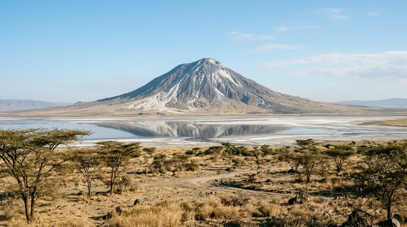 Interpretive AI-created illustration of a steep grey volcanic cone streaked with pale deposits above a flat rift plain and a shallow soda lake