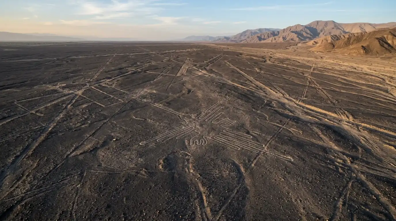Interpretive AI-created illustration of a high oblique aerial view of pale geometric lines and a large stylised animal figure scraped into a dark stony plain