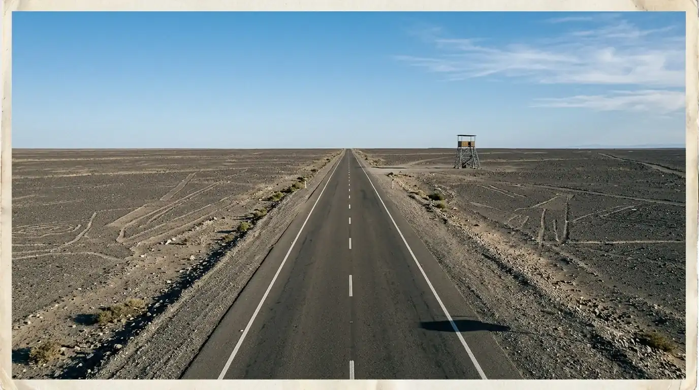 Interpretive AI-created illustration of a modern asphalt highway cutting straight across a stony desert pampa with faint ground markings either side