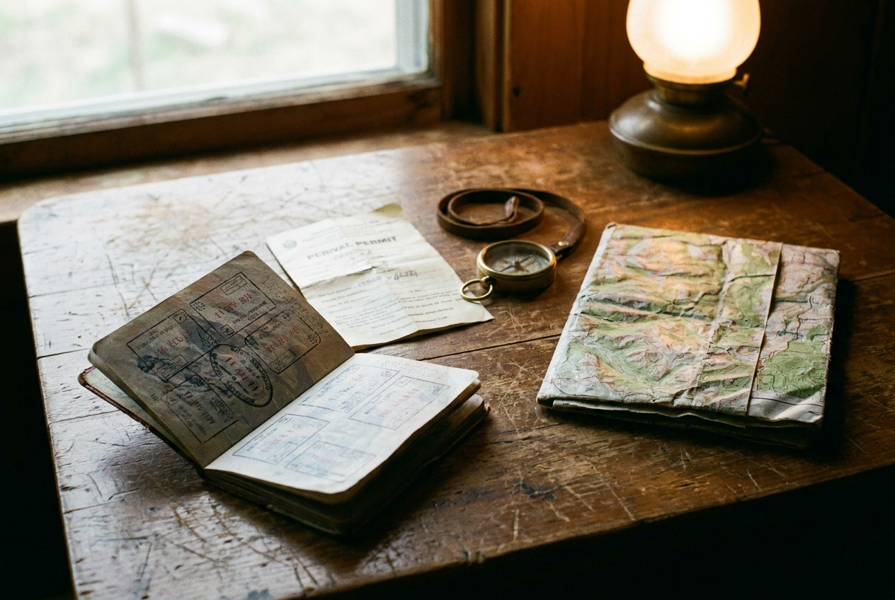 AI-created editorial illustration of a worn passport covered in visa stamps beside a compass and folded map