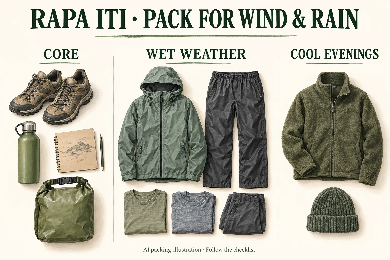 AI illustration: AI-generated packing illustration: suggested layers and equipment for the conditions. Follow the readable checklist and current local guidance.