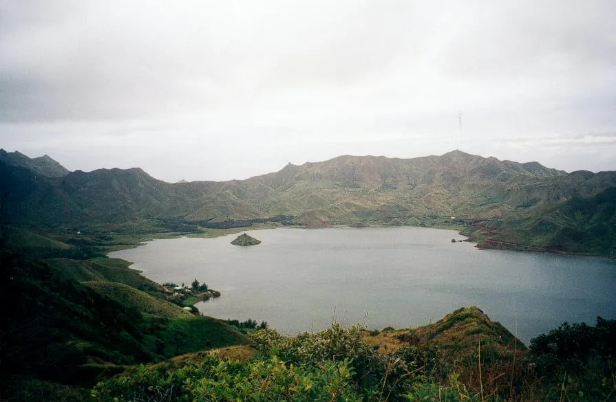 Ahurei Bay with its settlement and small offshore islet