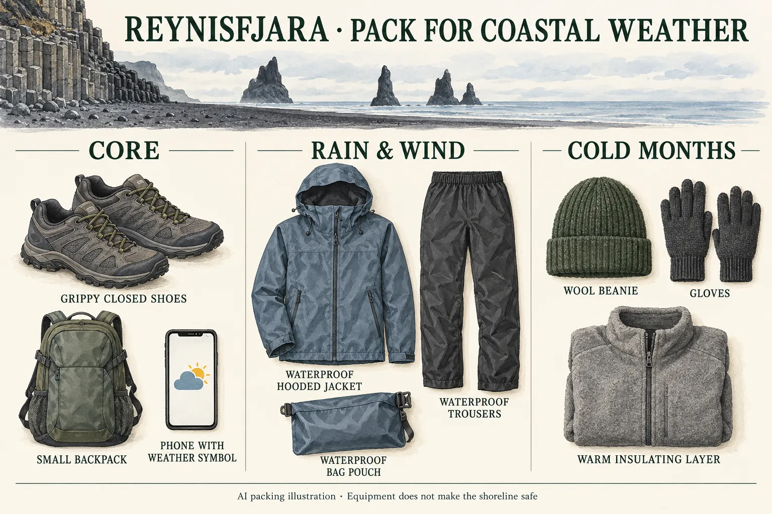 AI illustration: AI-generated packing illustration: suggested layers and equipment for the conditions. Follow the readable checklist and current local guidance.