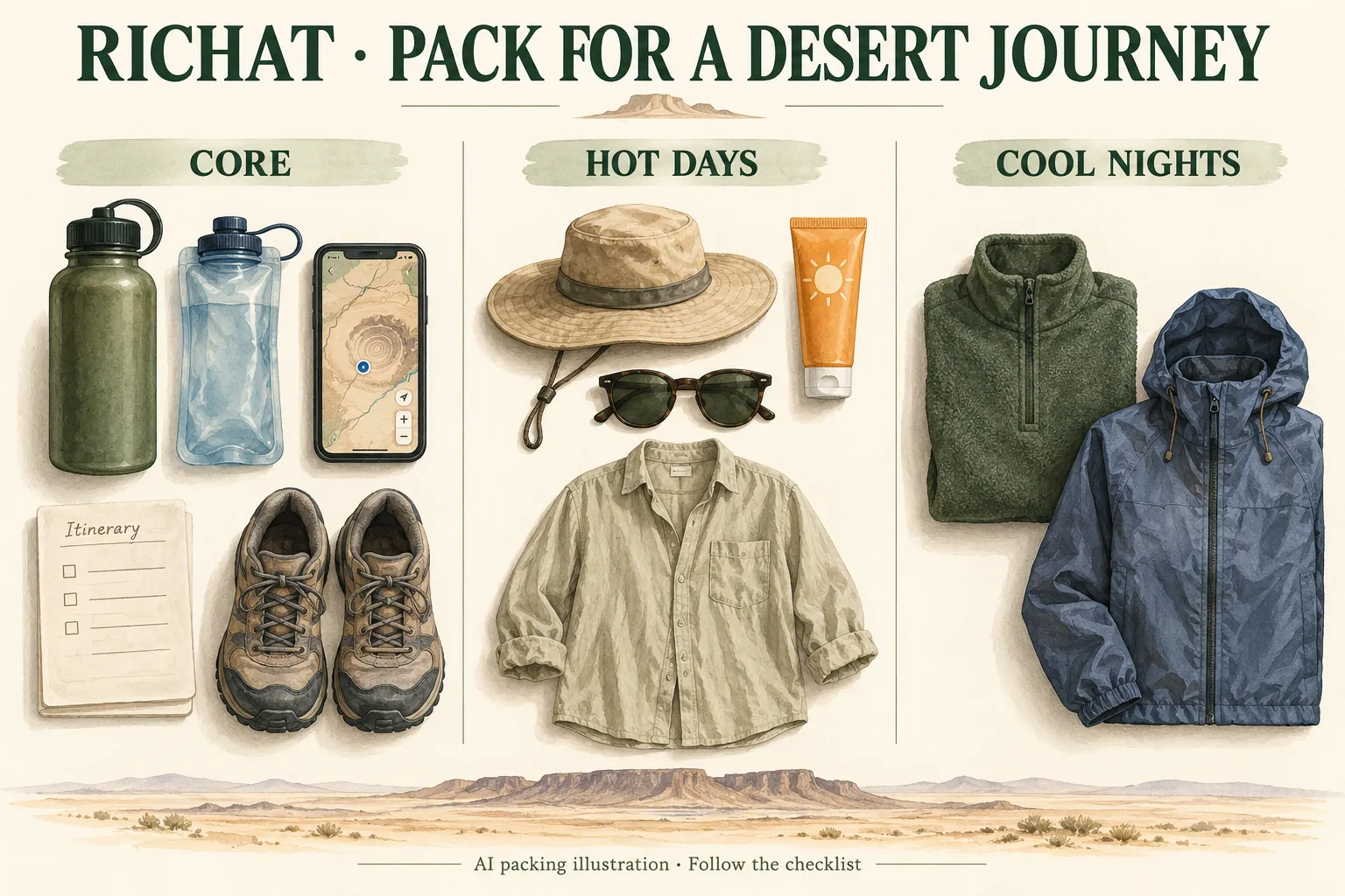 AI illustration: AI-generated packing illustration: suggested layers and equipment for the conditions. Follow the readable checklist and current local guidance.