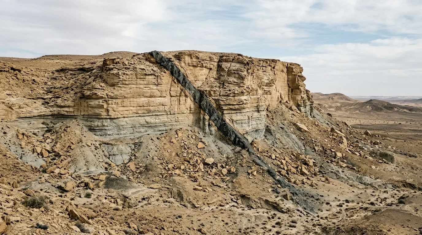 Interpretive AI-created illustration of a low escarpment of hard quartzitic sandstone standing above softer eroded ground, with a narrow dark dyke cutting across the bedding