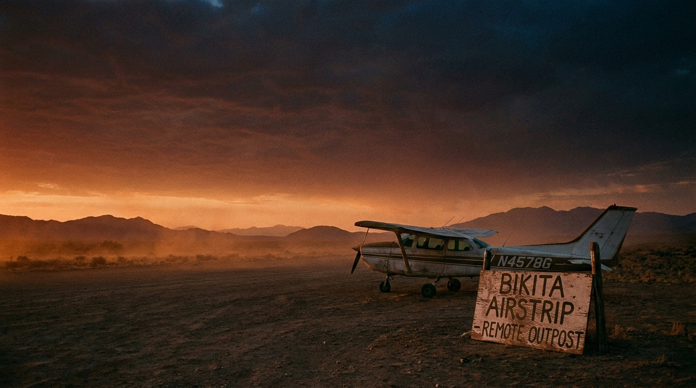 AI-created editorial illustration of a lone dirt airstrip in an empty landscape at dusk