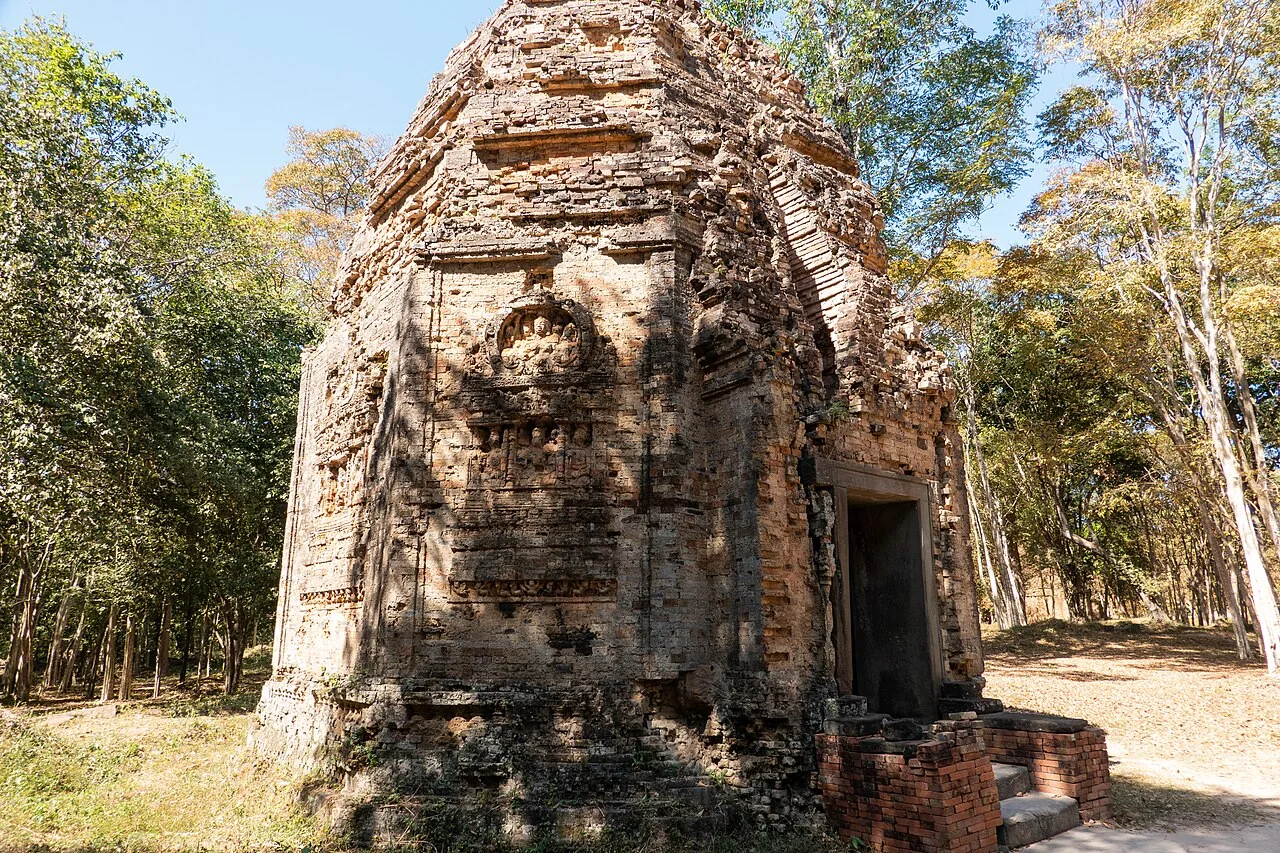 Brick sanctuary with carved wall decoration at Sambor Prei Kuk
