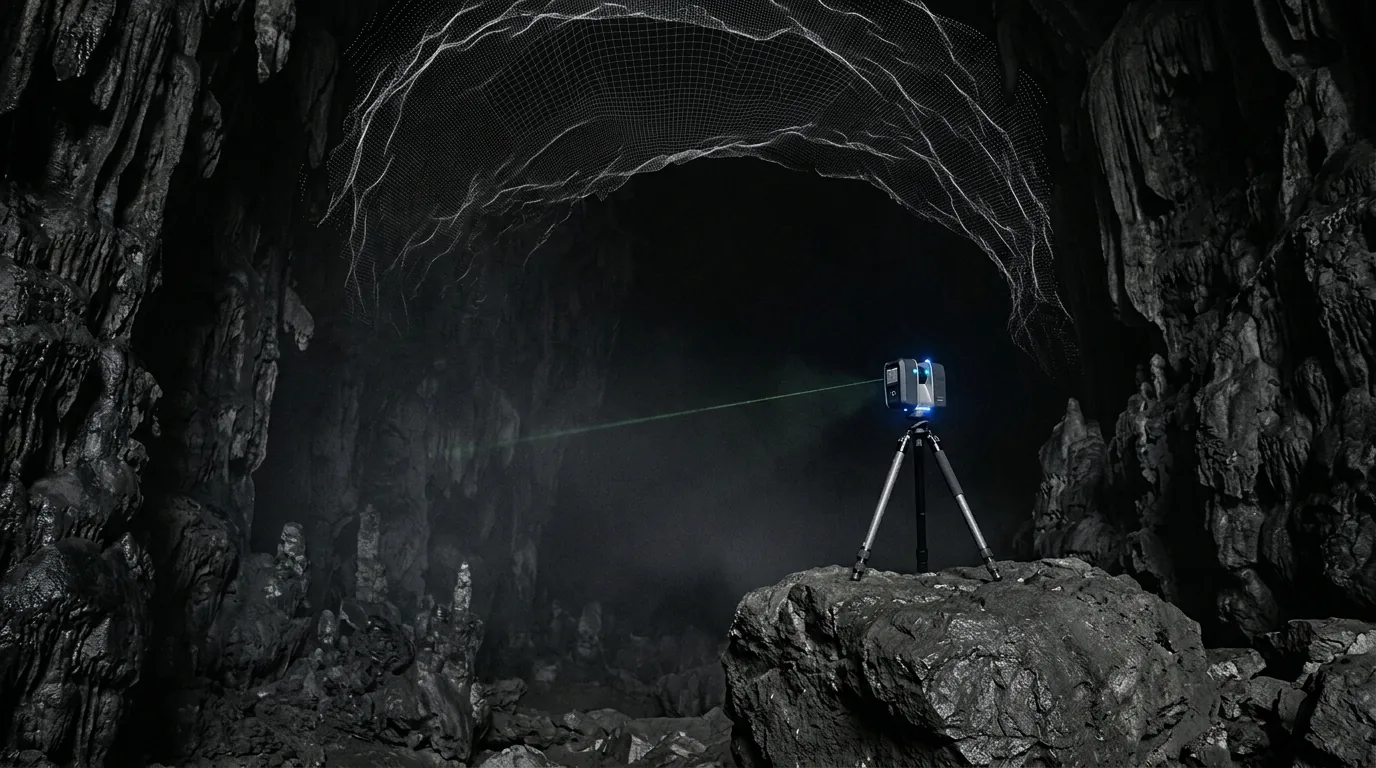 Interpretive AI-created illustration of a tripod-mounted laser scanner standing on a boulder in a vast cave, its beam sweeping outward into mist, with faint point-cloud lines suggesting a domed roof more than a hundred metres above