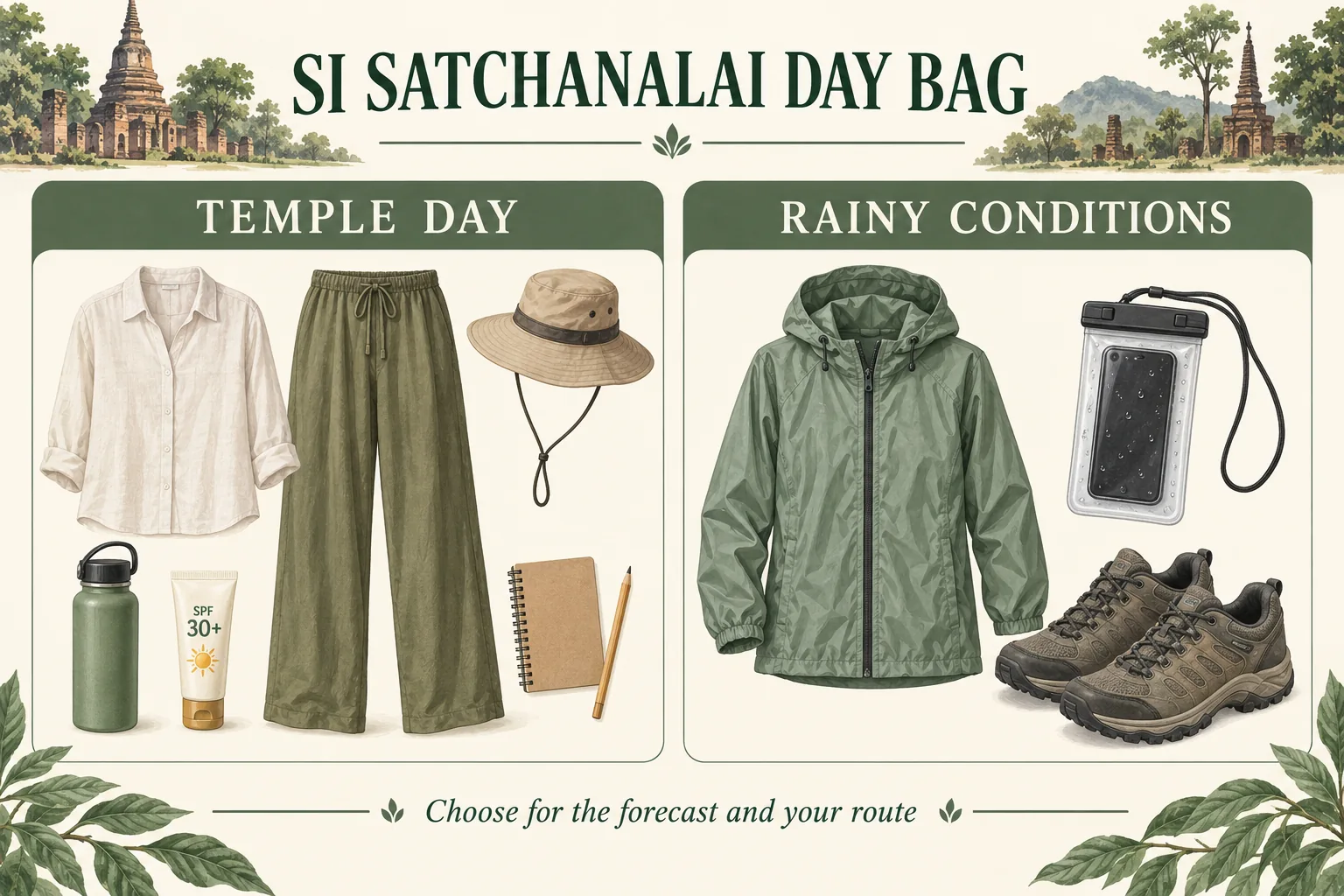 AI illustration: Temple days: shoulder and knee coverage, water, a hat and sun protection. Add a light rain layer and dry pouch for wet conditions. Grippy shoes suit uneven paths in either case. Decorative temples are illustrative.