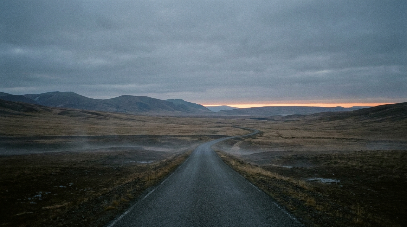 AI-created editorial illustration of an empty road disappearing into a vast silent landscape at dawn