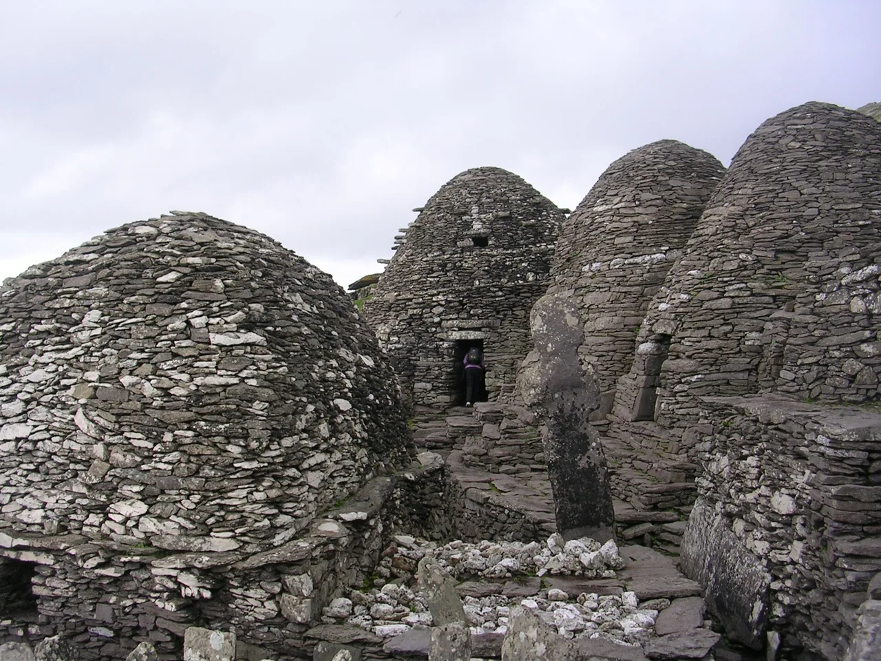 Dry-stone monastery cells with rounded roofs and narrow entrances on Skellig Michael