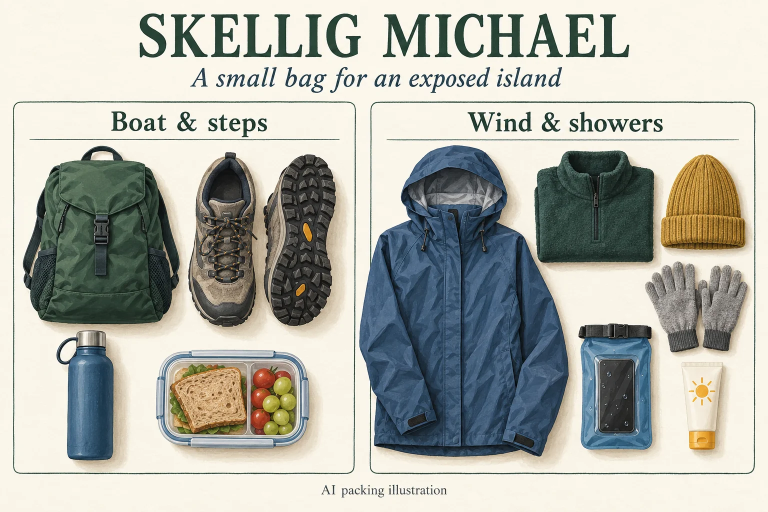 AI illustration: Boat and steps: a secure backpack, grippy footwear, water and sealed food. For wind and showers, add layers and weather protection appropriate to the forecast.
