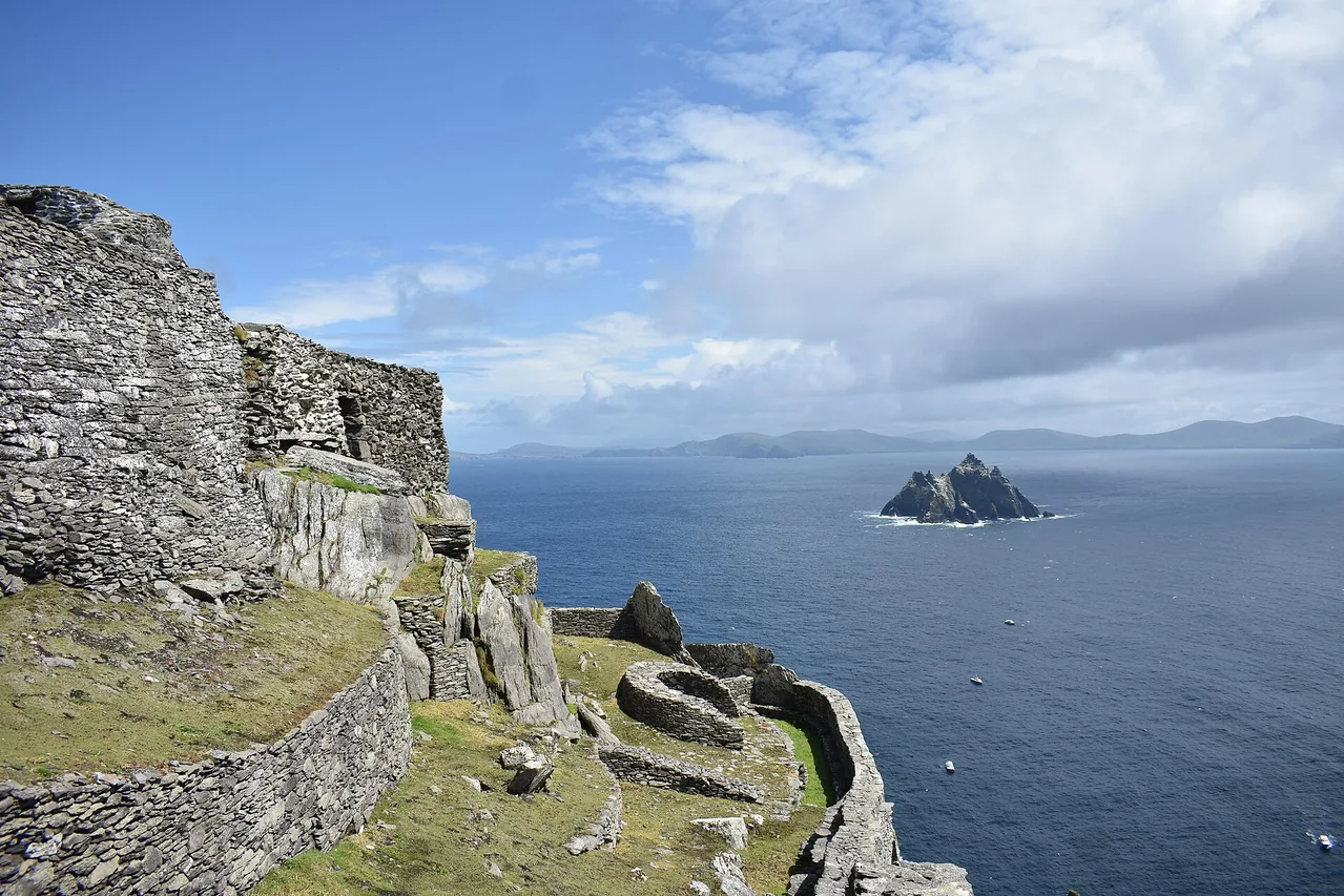 Stone terraces and Atlantic sea with Little Skellig in the distance