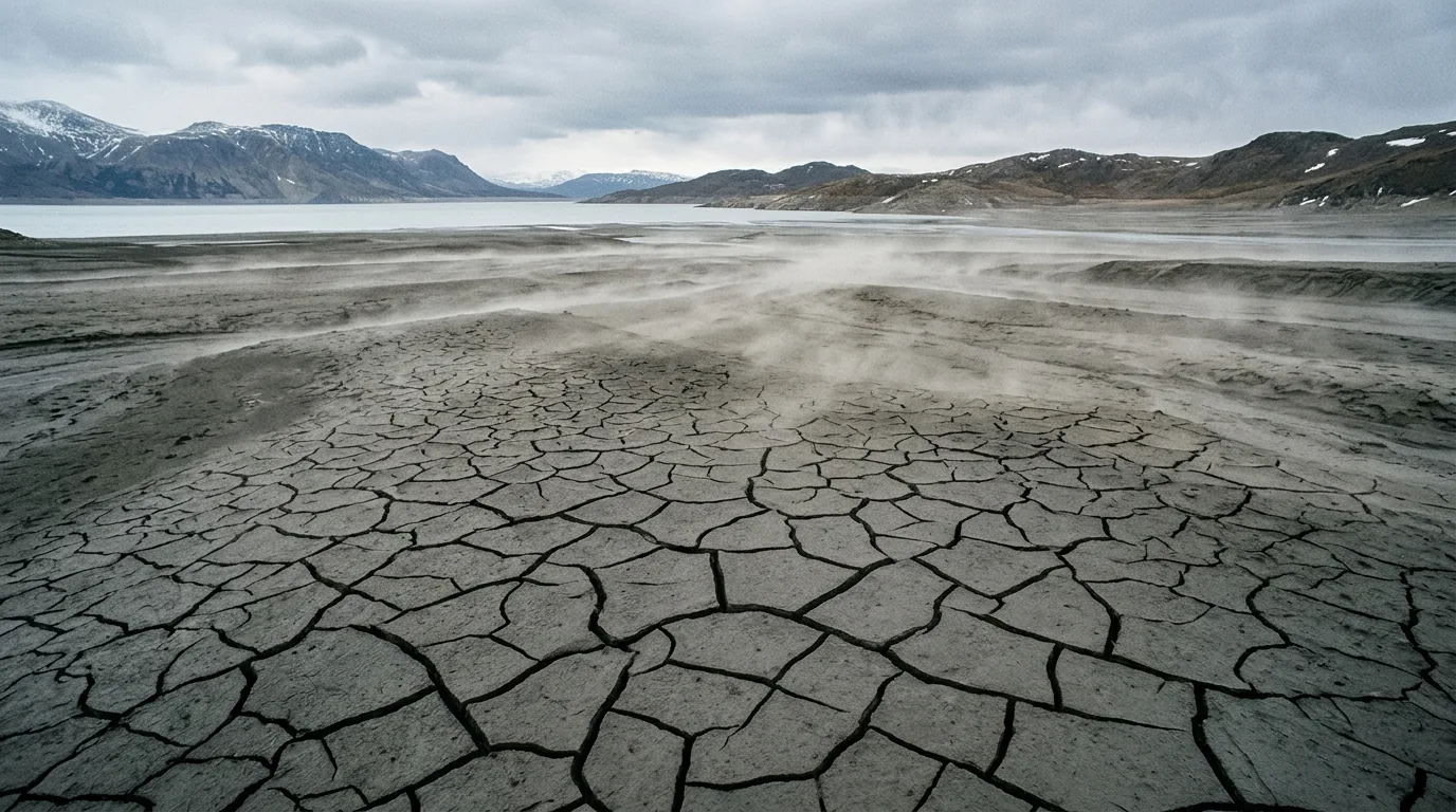 Interpretive AI-created illustration of cracked grey glacial silt on an abandoned river delta, with wind lifting fine rock flour into a haze and the pale surface of a large lake beyond