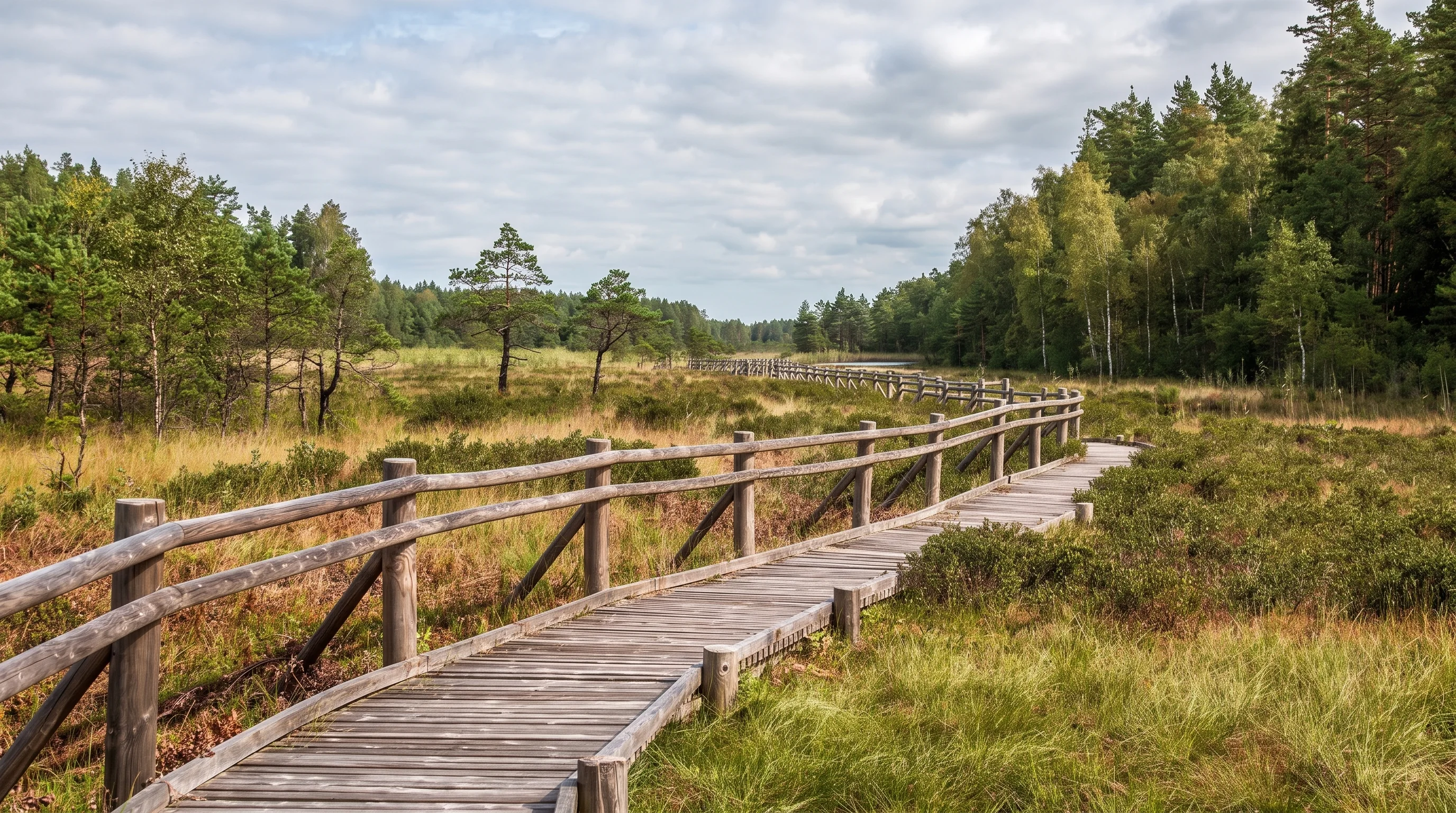 AI-created editorial illustration of the real Pēterezers landscape of forested dune ridges, wet hollows and a narrow timber trail in Slītere National Park