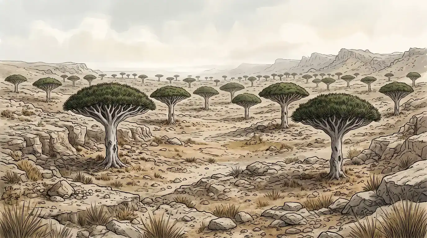 Interpretive AI-created illustration of mature umbrella-crowned dragon blood trees spaced across a bare stony plateau with no young trees anywhere beneath them