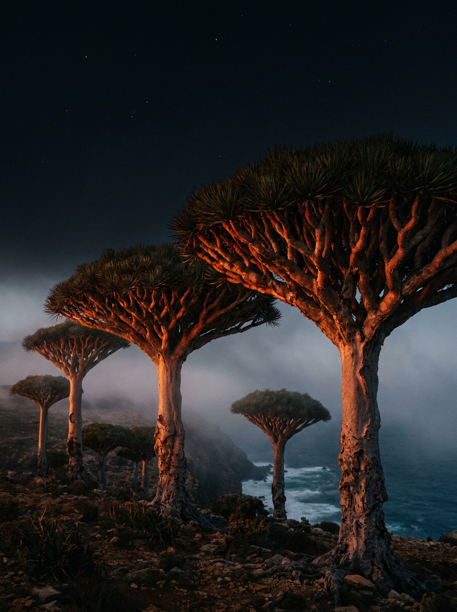 AI-created editorial illustration of dragon blood trees on a high plateau at dusk, in the style of Socotra, Yemen