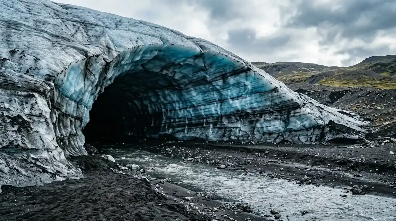 Interpretive AI-created illustration of the mouth of a meltwater ice cave with blue banded walls streaked with dark tephra