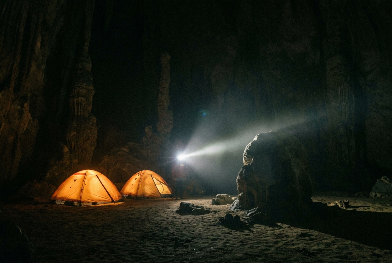 Interpretive AI-created illustration of glowing tents on the floor of a vast dark cave chamber at night