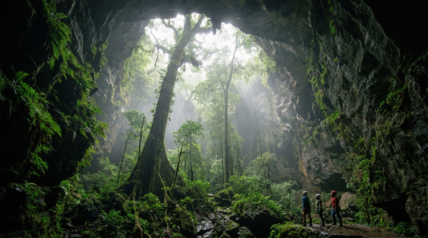 AI-created editorial illustration of sunlight falling through a collapsed cave ceiling onto jungle growing inside a cave