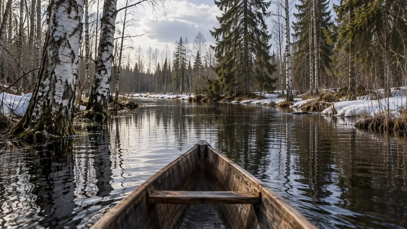 AI-created illustration: an imagined canoe view through flooded woodland