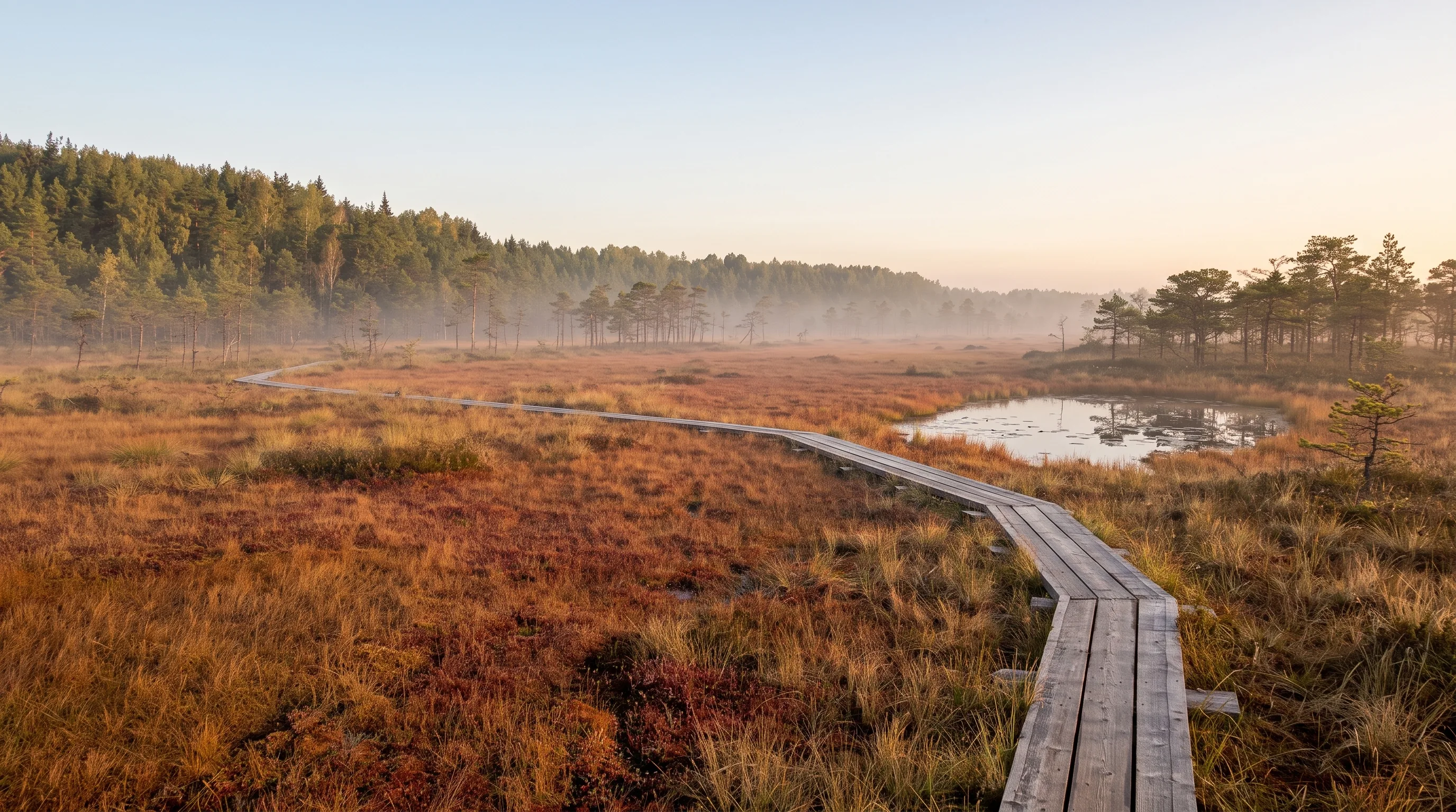 AI-created editorial illustration of the real Riisa raised bog at dawn, with its low pines, dark pools and narrow wooden boardwalk