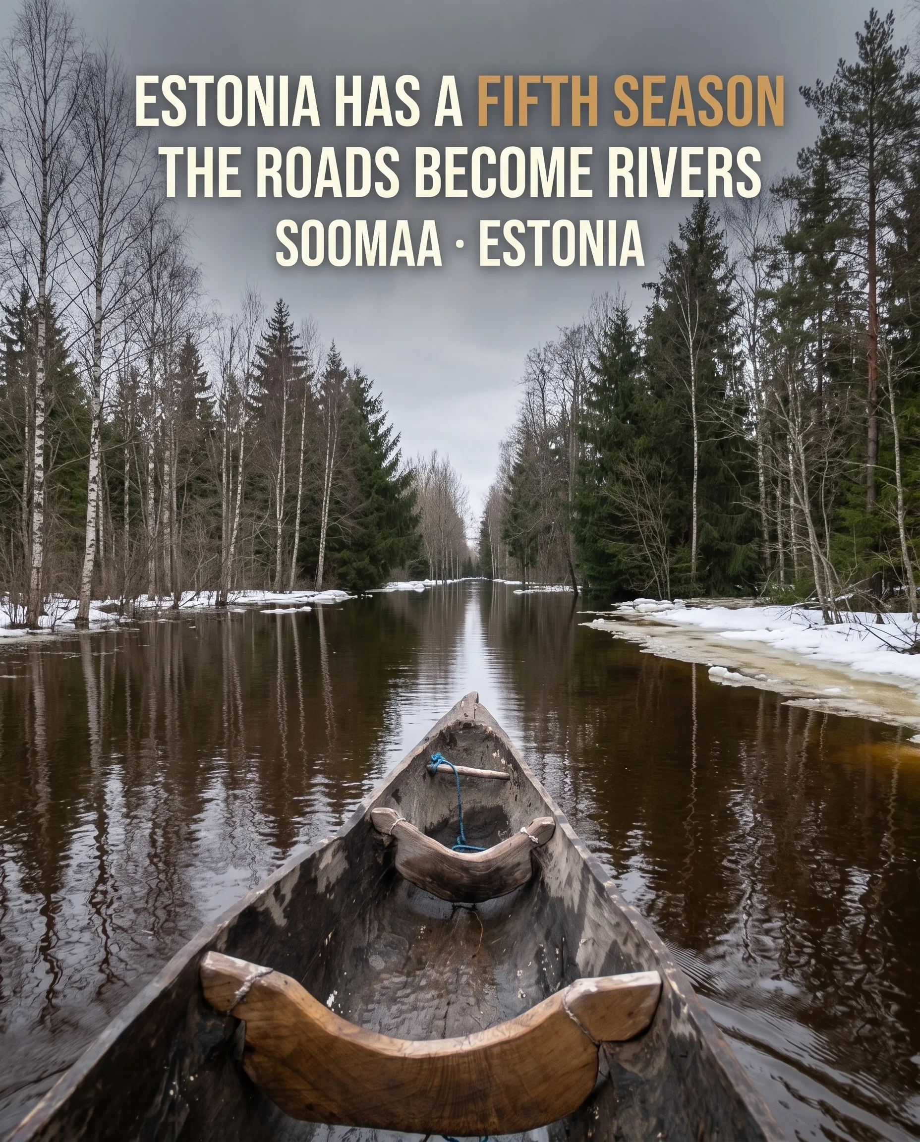AI-created editorial reconstruction of a real fifth-season road in Soomaa National Park, viewed from inside a traditional haabjas canoe as dark floodwater passes birches, conifers and late snow