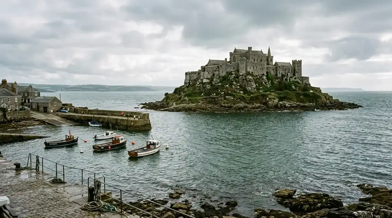 Interpretive AI-created illustration of a small rocky tidal island crowned by a stone castle at high water with the causeway submerged