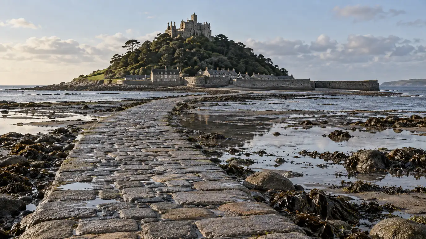 AI-created illustration: a conceptual castle island and tidal causeway