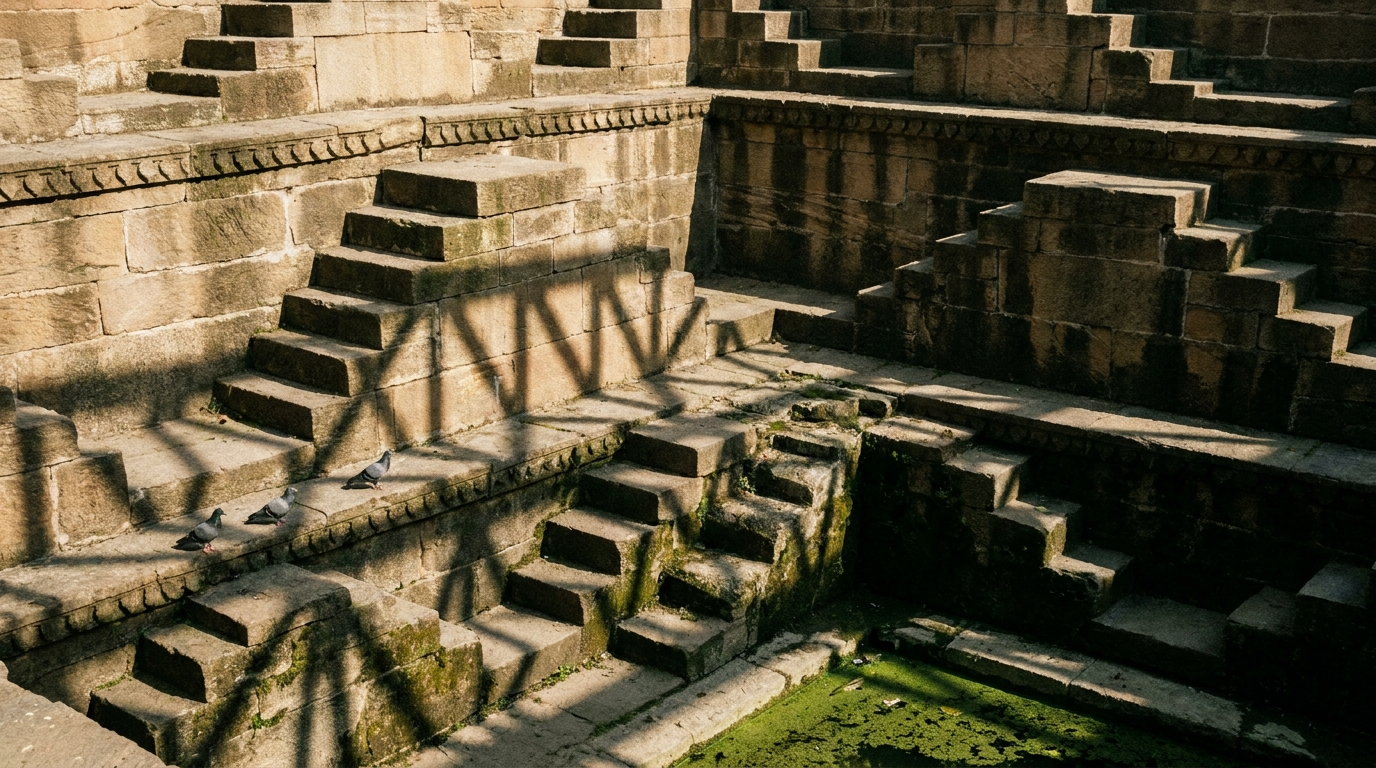 Interpretive AI-created illustration of interlocking geometric stone staircases casting hard triangular shadows