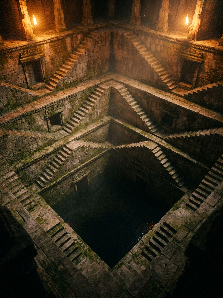 AI-created editorial illustration of an ancient stepped well descending into darkness, in the style of Chand Baori