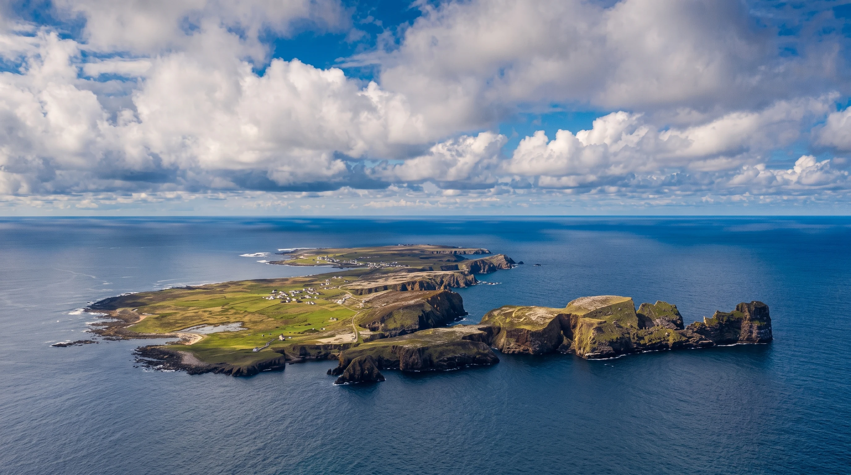 AI-created editorial illustration of the real wedge-shaped coast of Toraigh and the broken headlands of Tor Mór seen from the air