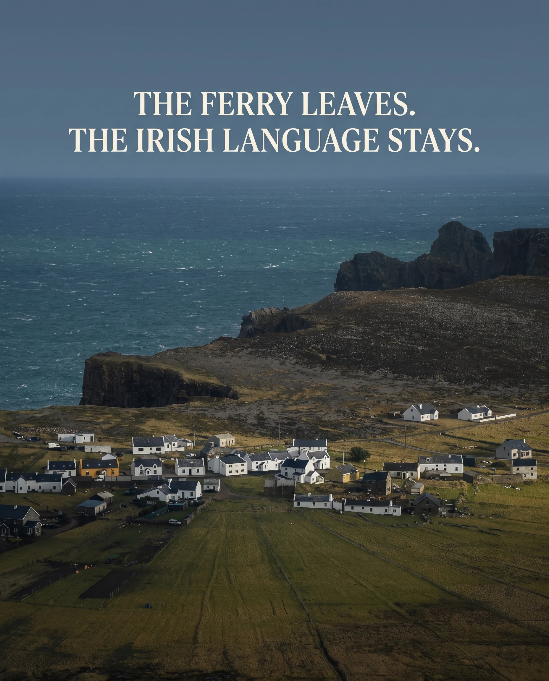 AI-created editorial illustration of the real white houses and fields of Toraigh below its dark northern cliffs and Atlantic horizon