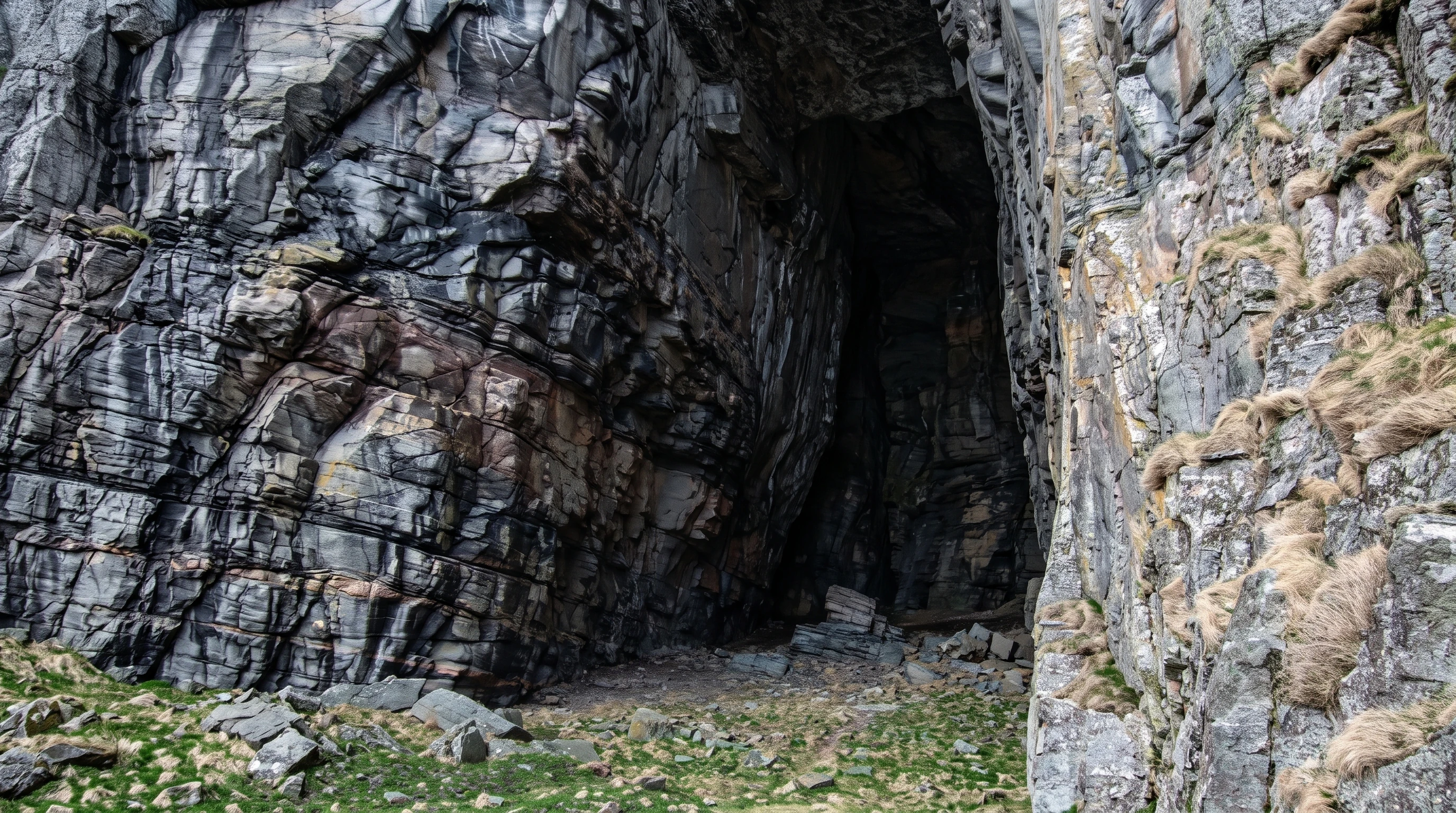 AI-created editorial illustration of the real broad entrance of Kirkhelleren cave cut into the mountains of Sanna in Træna