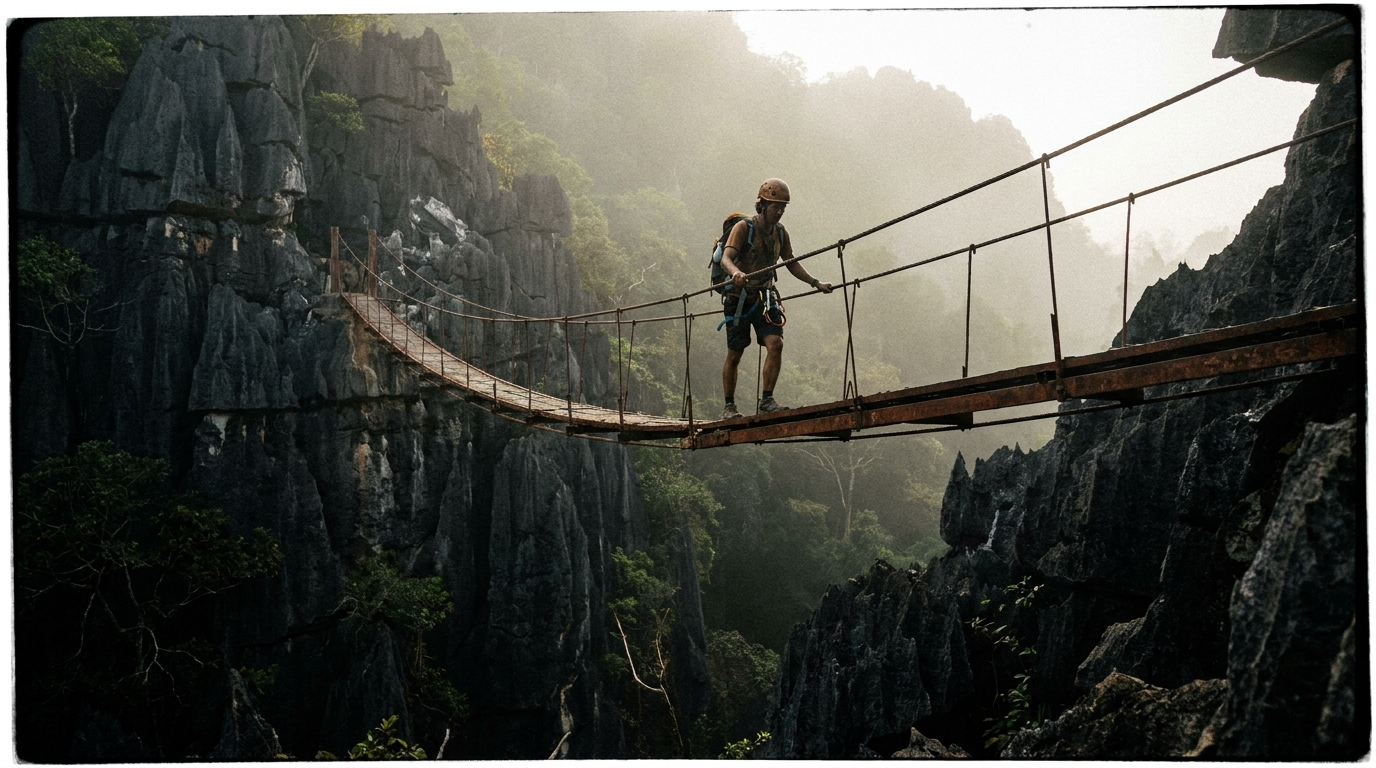 Interpretive AI-created illustration of a hiker in helmet and harness crossing a suspension bridge between limestone pinnacles